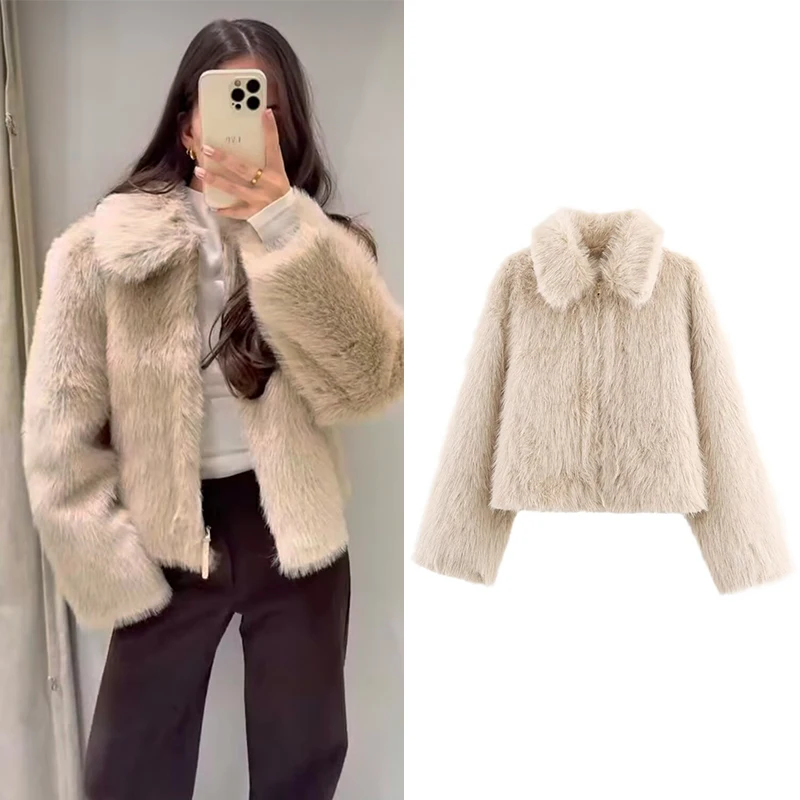 المرأة فو الفراء معاطف السترة الخريف الشتاء موضة بدوره إلى أسفل طوق كم طويل معاطف Vintage ملابس خارجية الإناث شيك القمم #1