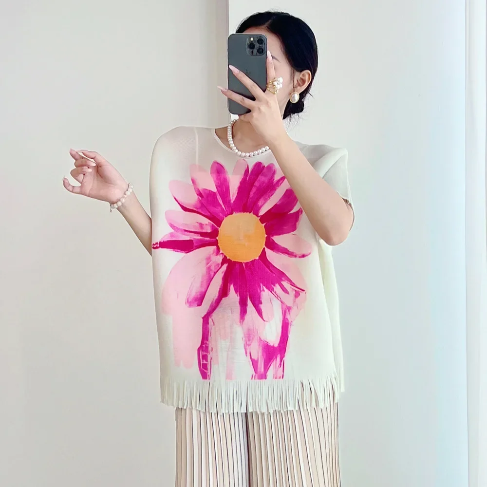 Pleats Pleated Printed T-shirt 2024 Summer Fashion Tassel Temperament Thin Large Yards Gas Short-sleeved Blouse Women Clothing