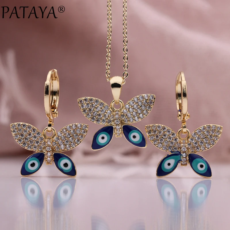 PATAYA New Butterfly Earrings Pendent Necklaces Sets Champagne Gold Color Natural Zircon Lovely Women Fashion Jewelry Set