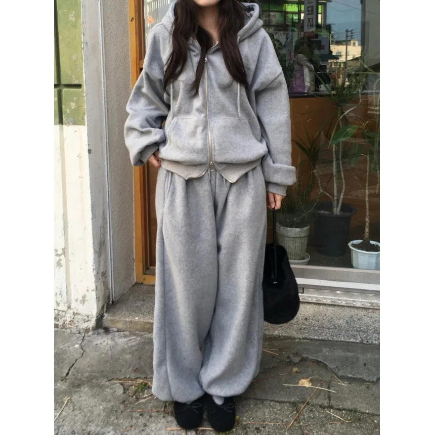 

Корейский шикарный двусторонний Fce Thiened, осенне-зимний повседневный широкий брюки с высокой талией, женский комплект из двух предметов, длинная шапка све