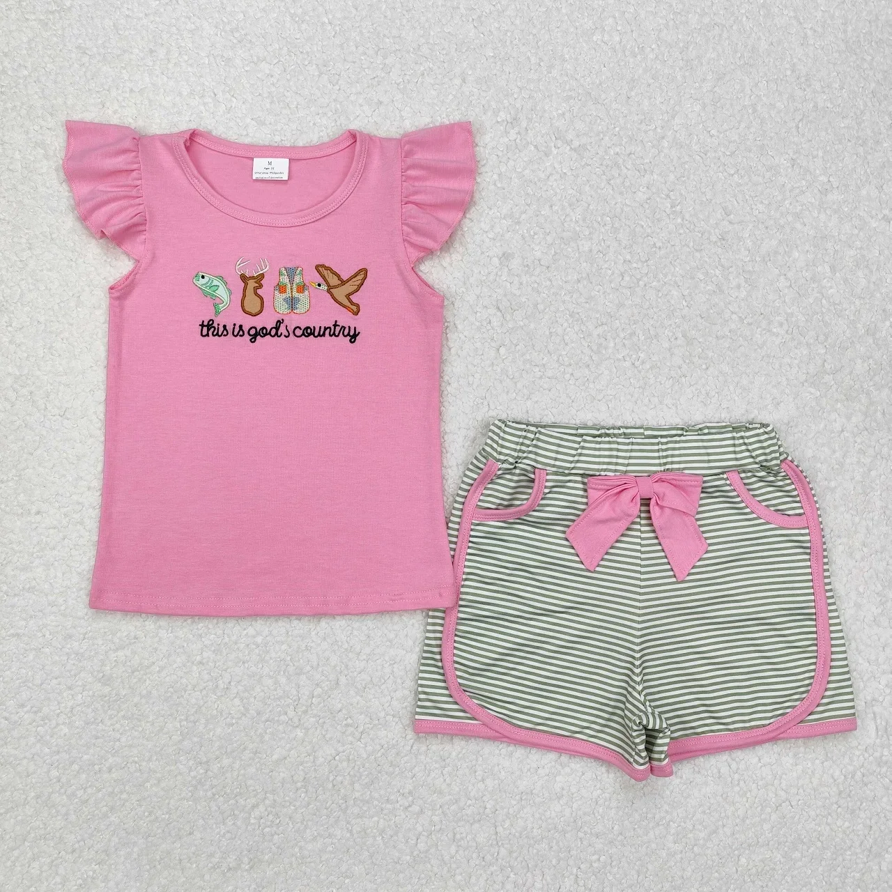 

Wholesale Children Short Sleeves Cotton Shirt Baby Girl Toddler Pockets Bow Stripes Shorts Outfit Kids Embroidery Ducks Deer Set