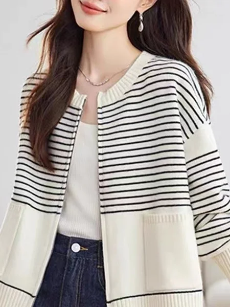 

Ladies' Loose Fit Thiened Long Sve Knitted Cardigan Striped Sweater Outerwear Comfortable Korean Sle Casual Wear