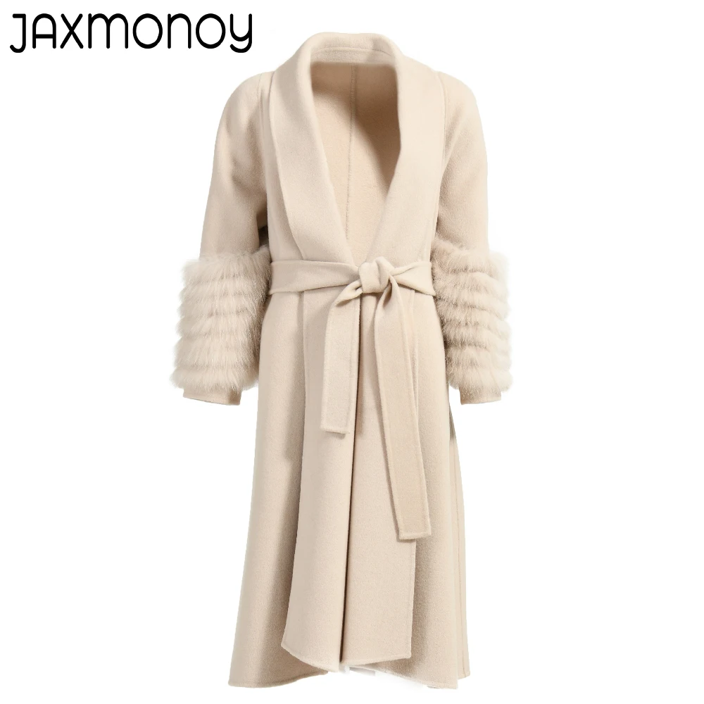 Jaxmonoy Women's Cashmere Long Coat 100% Real Fox Fur Cuffs Autumn Winter Fashion Elegant Solid Belt Slim Trench Outerwear New