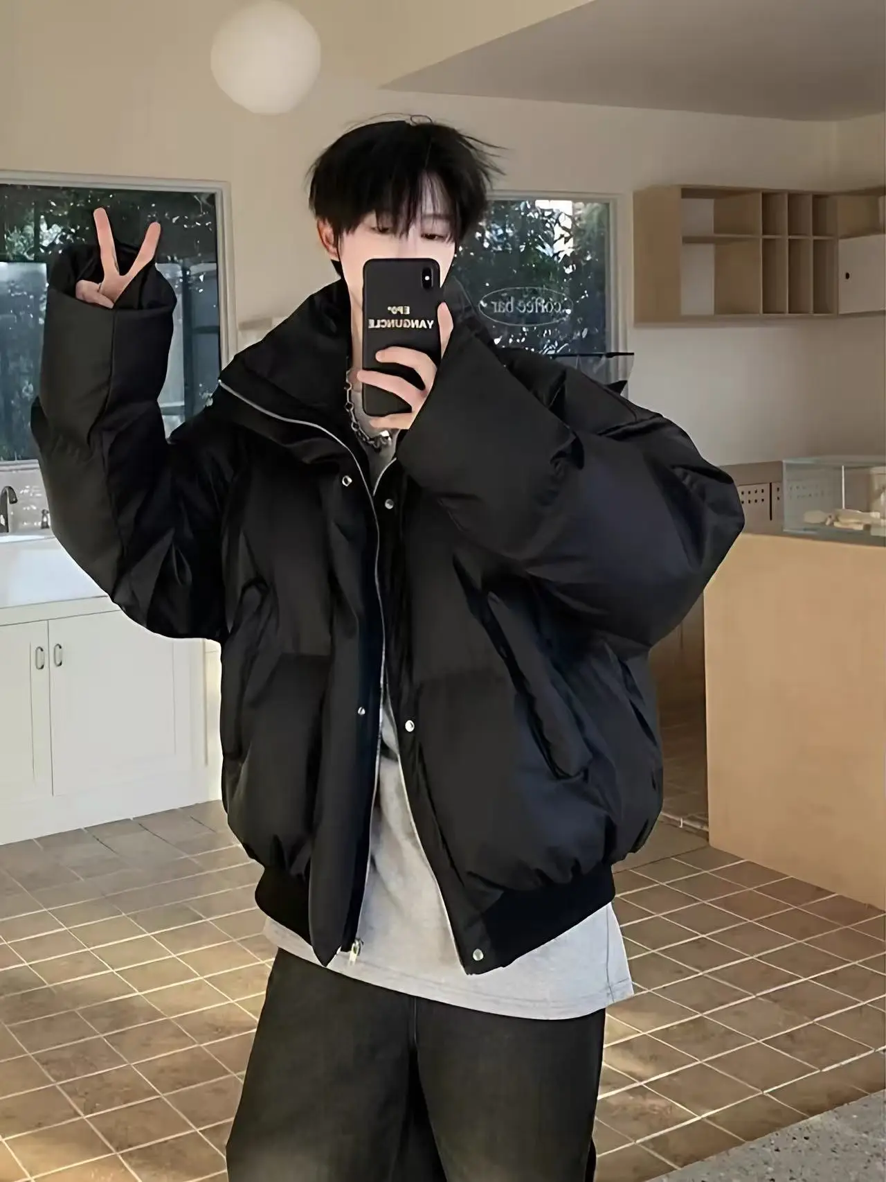 

Men's PU Leather down Jaet Winter Thi Warm ort Loose Bread Sle Cotton Outerwear Stand Collar Waterproof Windproof