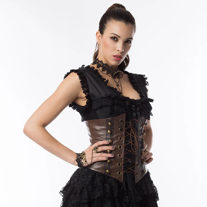 

Women Steampunk Underbust Corset Brown Faux Leather Bustier with Metal Studs Gold Rivets High Neck Vintage Gothic Top