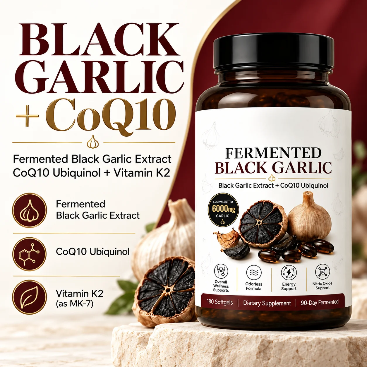Black Garlic Extract with CoQ10 Ubiquinol & Vitamin K2 MK7, Energy & Wellness Support, 180 Softgels, 90-Day Fermented Supplement