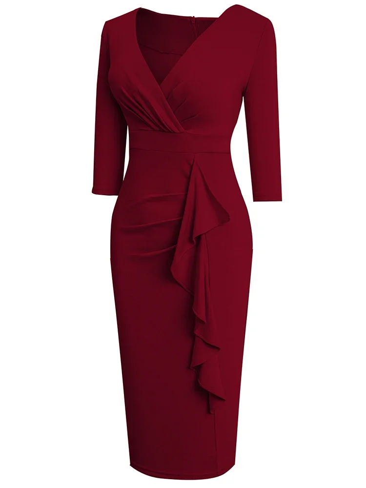 2024 New Nice-forever Spring Women Sexy V-Neck Solid Color Peplum Dresses Business Formal Elegant Bodycon Slim Dress