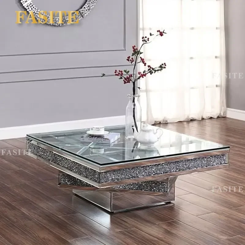 Hot Competitive Factory Wholesale Silver Glass Top Crystal Tea Table Crushed Diamond Mirrored Coffle Table for Home