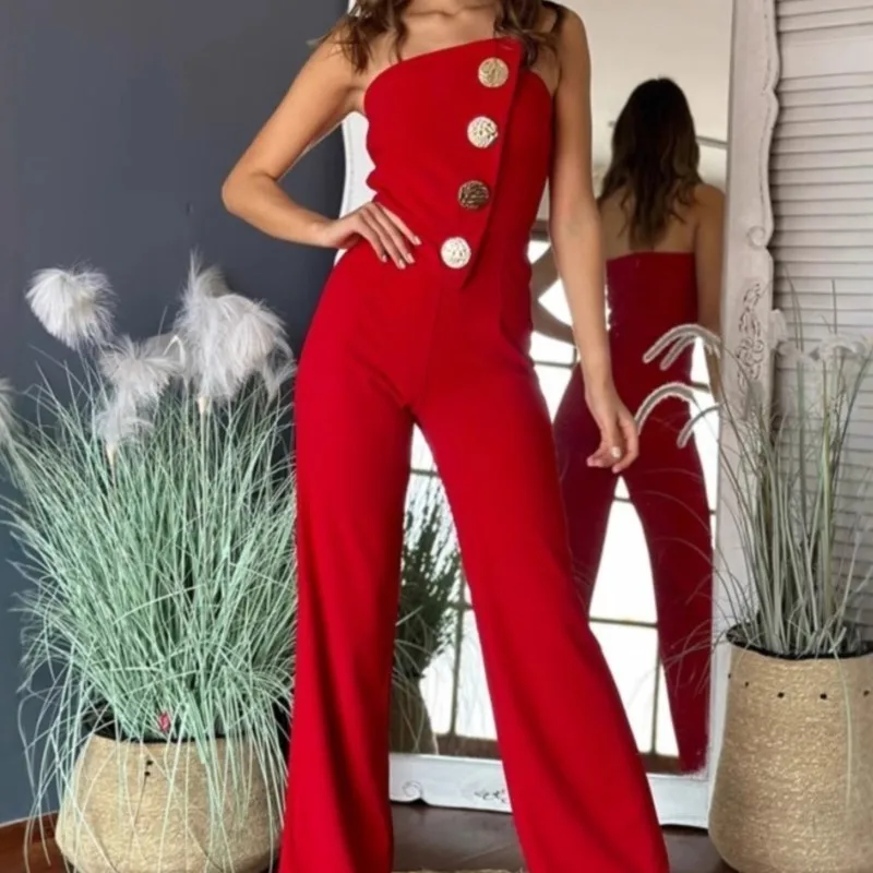 

Женский сексуальный тонкий комбинезон без бретелек на пуговицах, модный черный вечерний комбинезон без рукавов с высокой талией, повседневный женский комбинезон с прямыми брюками