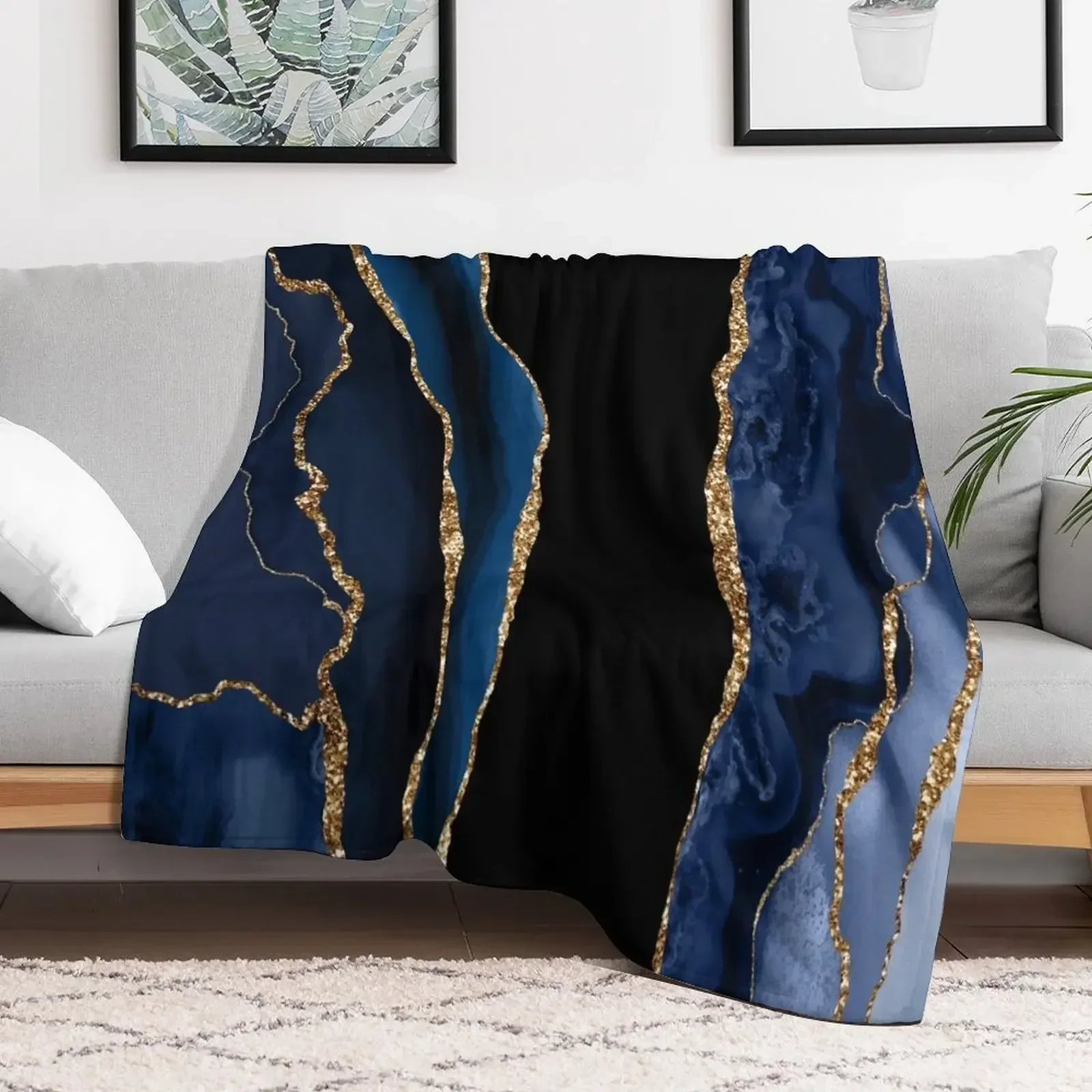 Abstract Blue and Gold Modern Geode Agate Design Throw Blanket Extra Large Throw Loose Blankets