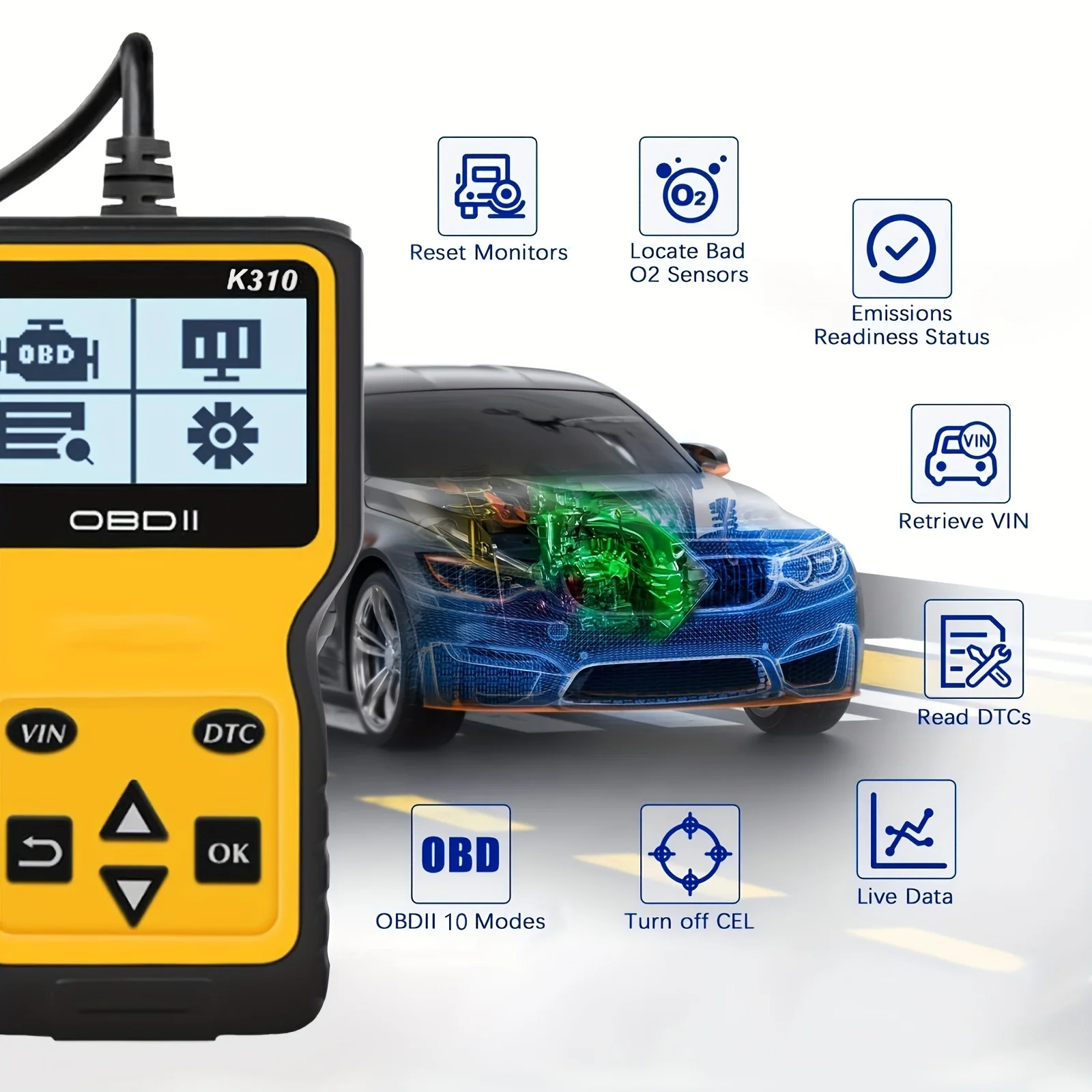 Car OBD2 Scanner Diagnostic Tool Code Reader, Car Voltage Tester Engine Fault Code Scanner, Charging Tester Diagnostic ToolK310