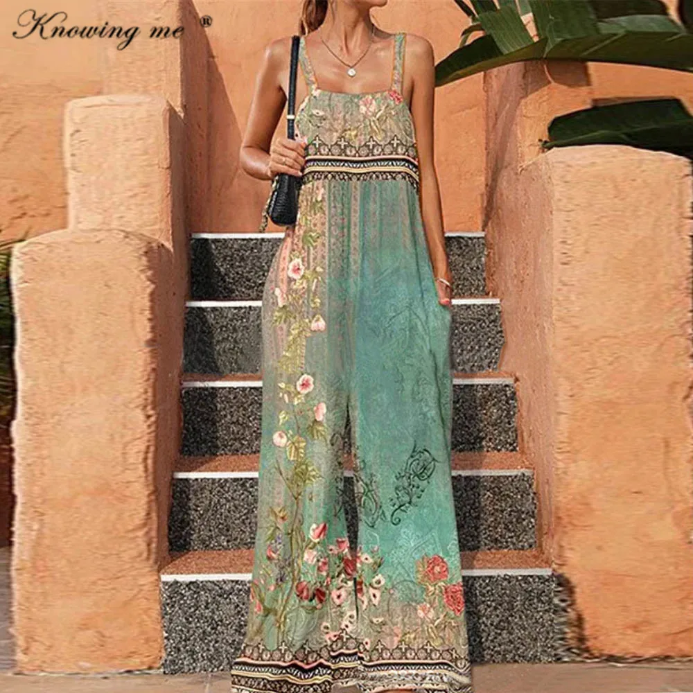 

Summer Ethnic Print Jumpsuits Women sleeveless Vintage Loose Overalls Elegant Vacation wide Leg Long Rompers Lady one piece set