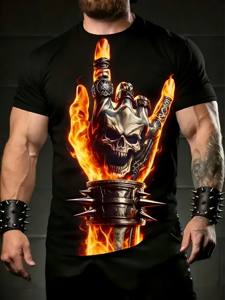 Modisches Neues Herren-T-Shirt mit Rock-On-Skelett-Hand-Motiv, Brennender Schädel, Metall-Armband mit Spikes, Biker-Alltags-Casual-Oberteil, Trendige Streetwear