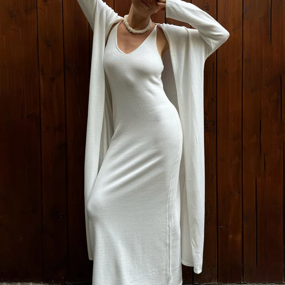 

Talenza Knitted Solid Two Piece Set For Women V Neck Camisole And Long Sleeve Cardigan Female Fashion Comforts Casual Dress Sets