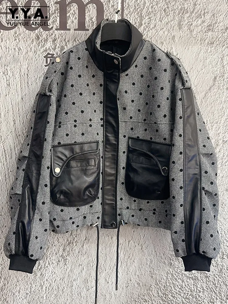 Spring Printed Women Vintage Loose Fit Casual Bomber Jacket Stand Collar Windproof Motorcycle Coat Real Sheepskin Spliced Jacket