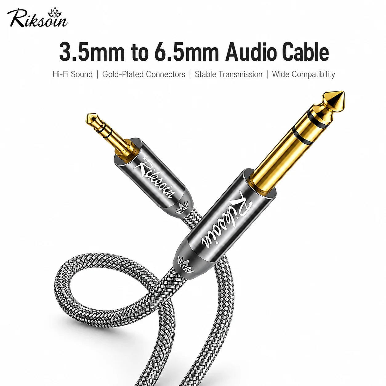 Riksoin 6.35mm to 3.5mm TRS Audio Cable 1/4 Inch HiFi Stereo Cord for Guitar Keyboard Phone Laptop Speaker Home Theater