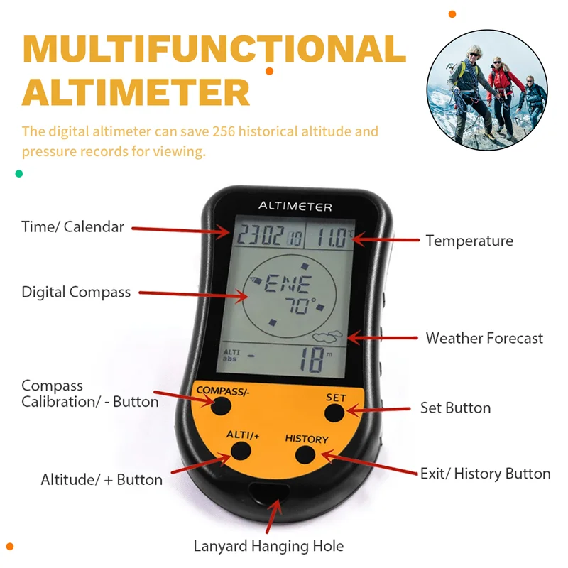 ABVO-Barometer Elektroniczny Cyfrowy Altimetr 8 w 1 LCD Mini Altimetr Kompas Termometr Prognoza Pogody Zegar Kalendarz