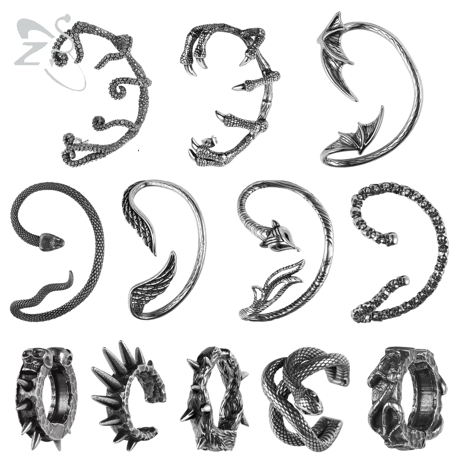 Zs 1-2pc 316l Edelstahl Wickel ohrring Gothic Skull Snake Octopus Ohr clips Punk Rock nicht durchbohrte gefälschte Knorpel Ohrringe
