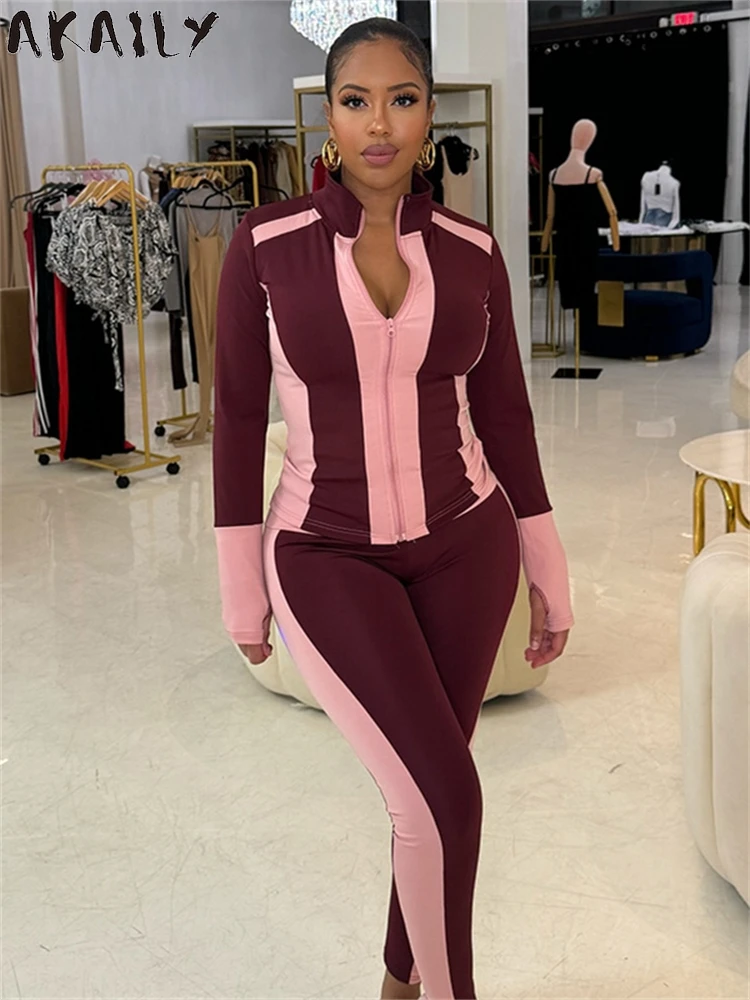 Akaily Winter Womens Color-block 2 Piece Tracksuit Casual Outfits 2024 Long Sleeve Zip Cropped Jacket+Bodycon Matching Leggings