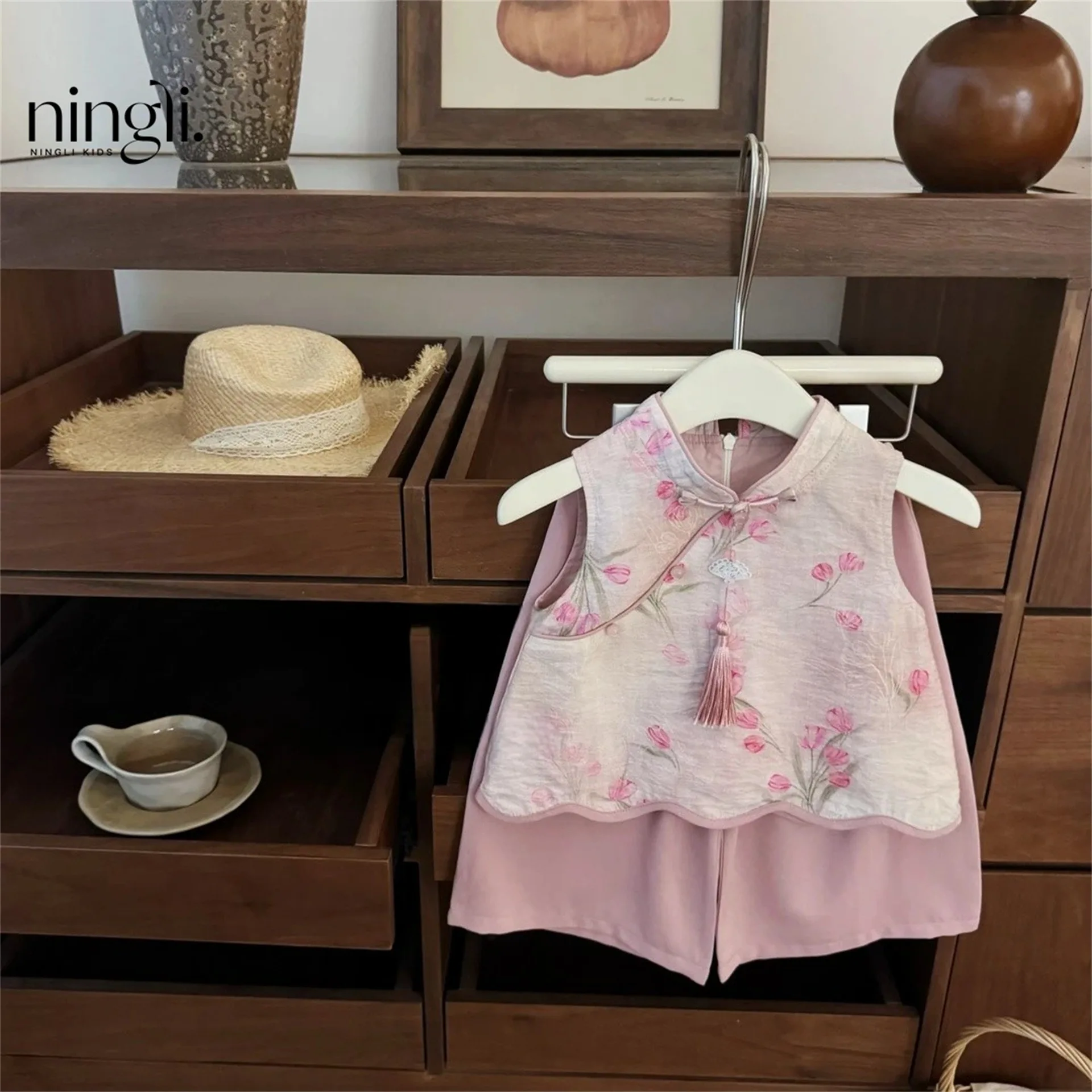 Baby Girls New Chinese Style Clothes Set, Elegant Pink Jacquard Cheongsam Matching Straight Pants, Stylish Trendy National Style