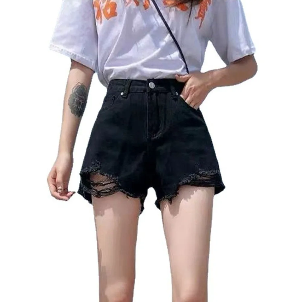 Casual Stretchy Jean Shorts for Women Ripped High Waisted Denim Shorts Frayed Raw Hem All-match Short Pants Summer Wear