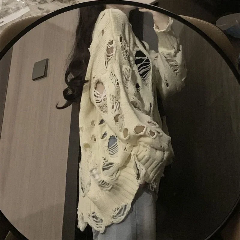 Y2K Hole Hollow Out Sweaters Women Harajuku High Street Loose Knitted Pullovers Woman 2024 Spring Summer Thin Sweater Tops