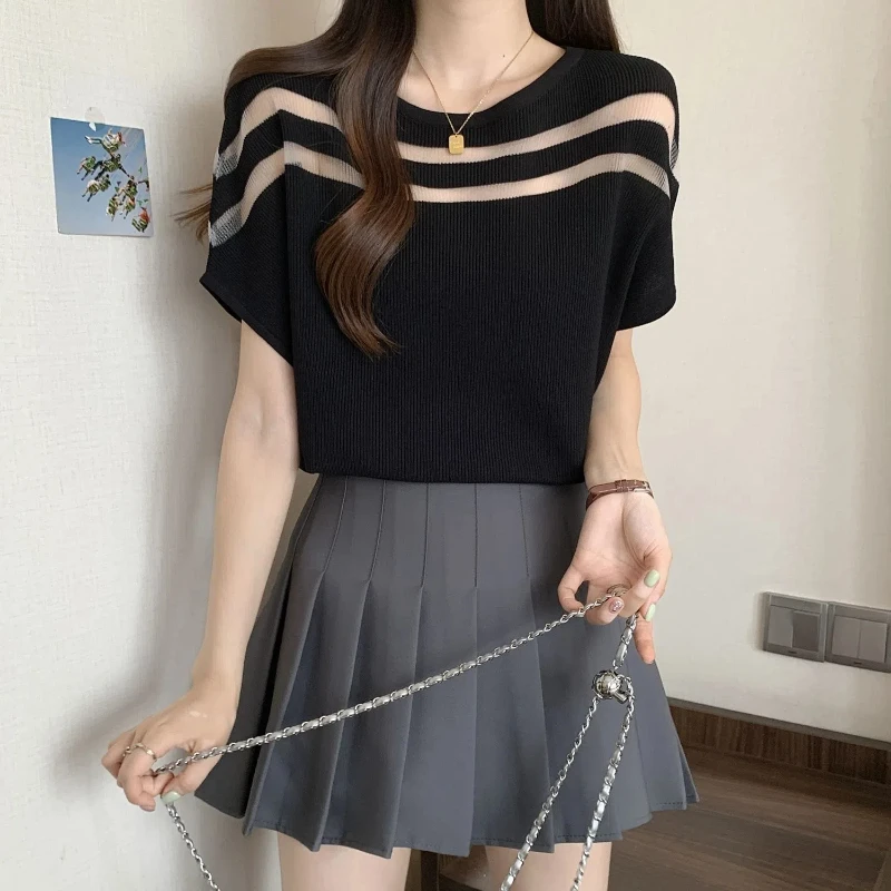 O-Neck 2024 Women's Summer New Spliced Screw Thread Batwing Sleeve Fashion Minimalist Loose Ice Silk Knitted Short Sleeved Tops