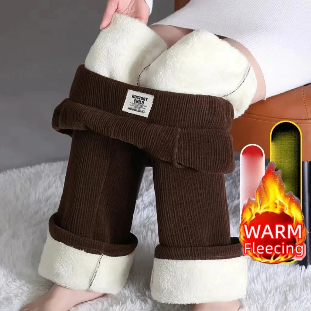 Pantaloni a gamba larga foderati invernali sottili/spessi CasualPantaloni sportivi larghi caldi da donna a vita alta Pantalones dritti con lanugine di agnello coreano