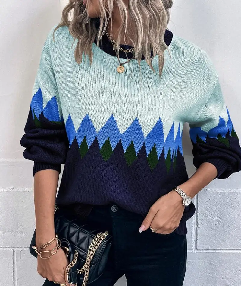 Women's Sweater 2025 Autumn Winter Latest Retro Diamond Grid Color Blocked Knitted Top Round Neck Loose Fit Long Sleeves Hooded