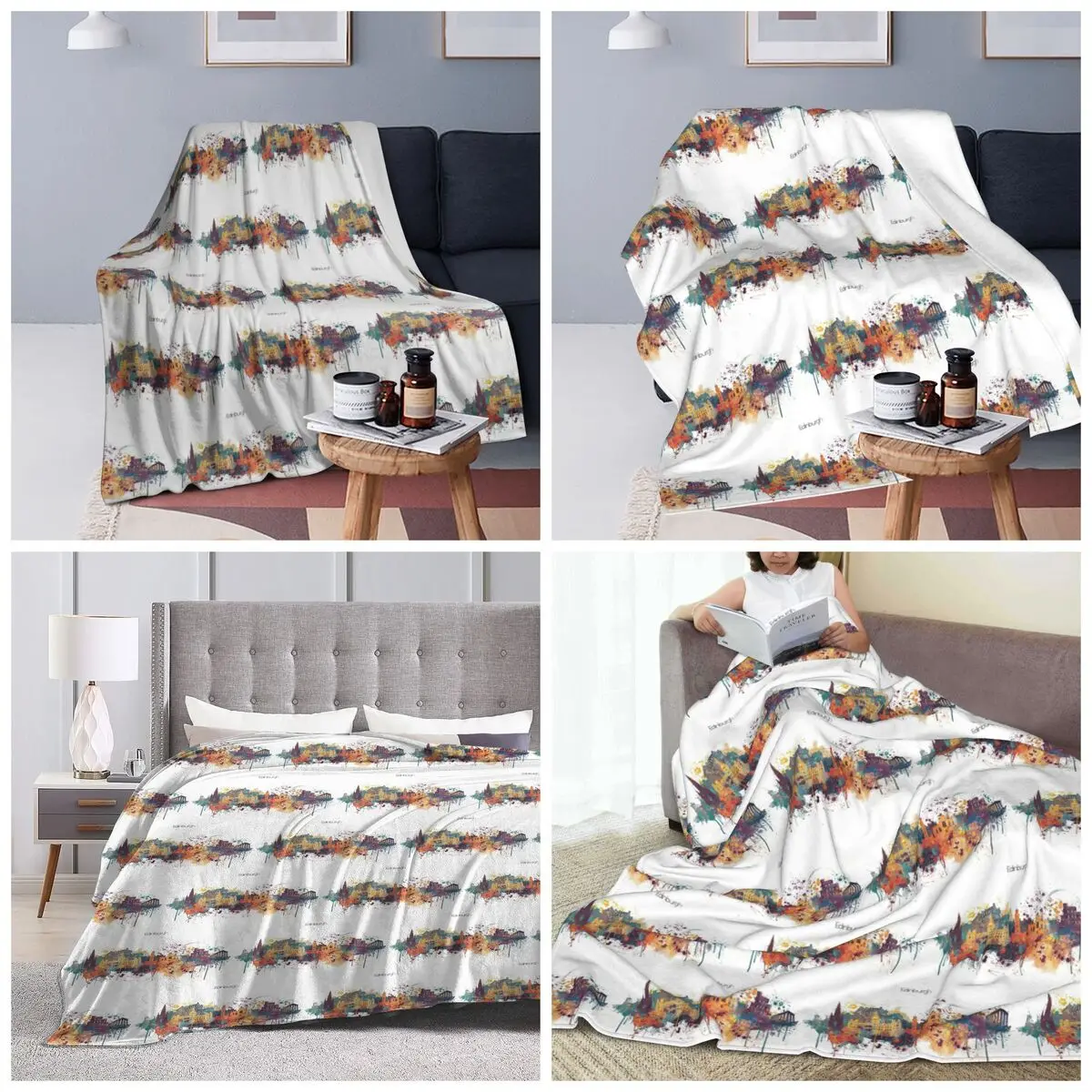 Edinburgh Watercolour Skyline Blankets Soft Warm Flannel Throw Blanket Plush for Bed Travel Home Couch