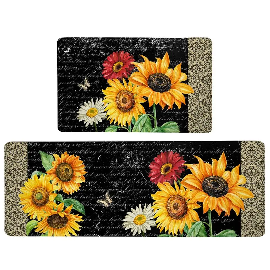 

Anti Fatigue Kitchen Mats for Floor Set of 2 Non Slip Waterproof Yellow Vintage Floral Kitchen Mat Cushioned Comfort Standing Ki