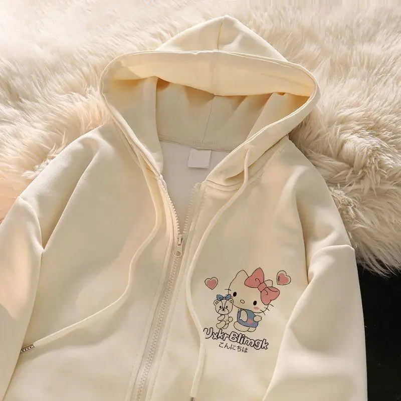 

Пальто Hellokitty Sanrio, детская толстовка, кавайный кардиган, куртка на молнии с капюшоном, детская одежда, осенне-зимняя студенческая милая мультяшная куртка