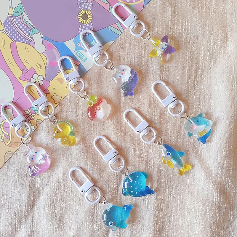 Cute 3D Marine Animal Seahorse Mermaid Whale Starfish Sardine Charms Resin Keychain Pendant Bag Ornaments Funny Accessories Gift