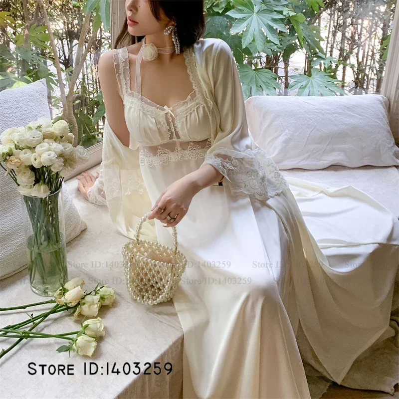 Female Twinset Robe Set Elegant French Style Lace Bathrobe Gown Sleepwear Sexy Lingerie Suspender Nightgown Silky Satin Homewear