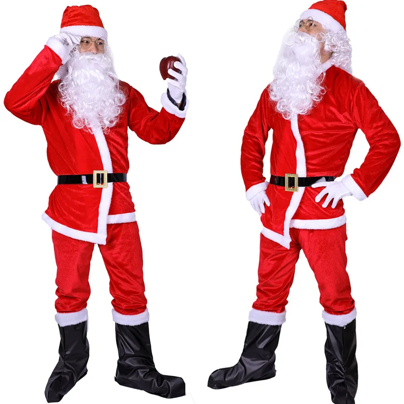 Santa Claus Cosplay Costumes Beard Hat Belt Men Gold Velvet Material Fancy Dress Christmas Cape for Women Suit Merry Christmas