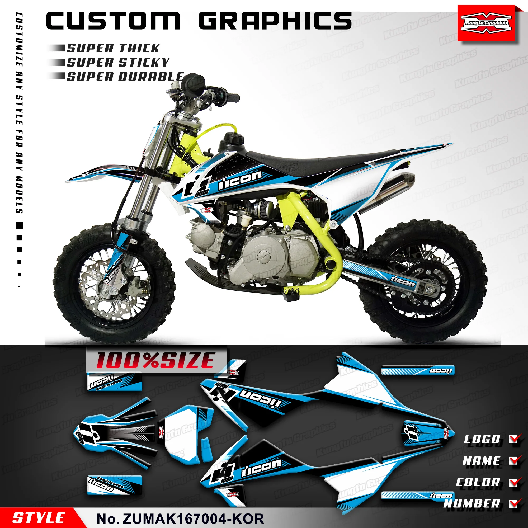 KUNGFU GRAPHICS Kids Mini Dirt Bike Racing Graphics Stickers Set for ZUUMAV K1 50 60 70, Parts, ZUMAK167004-KOR