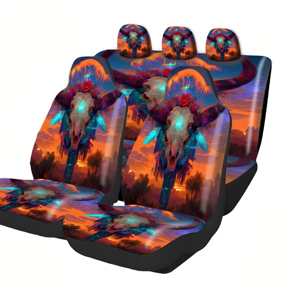 2-5 Seat Set Car Seat Covers Festive Bull Head Dreamy Premium Polyester Universal Fit Durable Waterproof For Truck SUV Off-Road