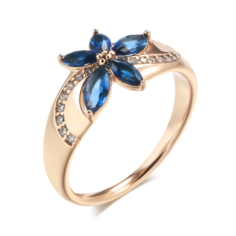 Kinel New Blue Natural Zircon Ring for Women 585 Rose Gold Flower Rings Vintage Ethnic Bride Wedding Jewelry Party Accessories