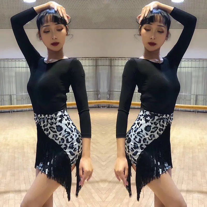 

Leopard Latin Dance Skirt Practice Clothing Female Adult Half body Tassel Skirt Underwear Competition Dance Performance Clothing