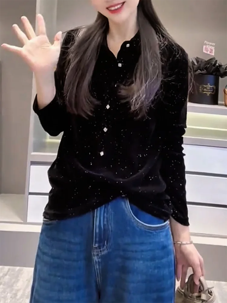 

Элегантный черный бархатный топ с пайетками больших размеров, универсальный, стройнящий, осенне-зимний, новый, во французском стиле, свободного кроя, женская модная одежда