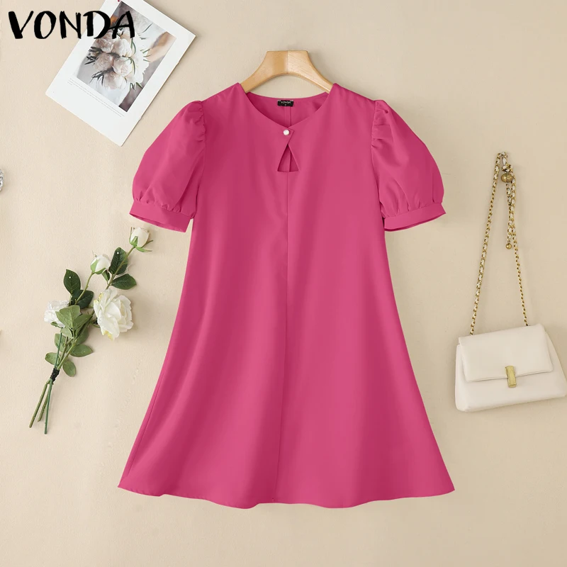 VONDA élégant Mini robes 2025 femmes été à manches courtes Robe d'été mode manches bouffantes évider décontracté solide Robe coréenne