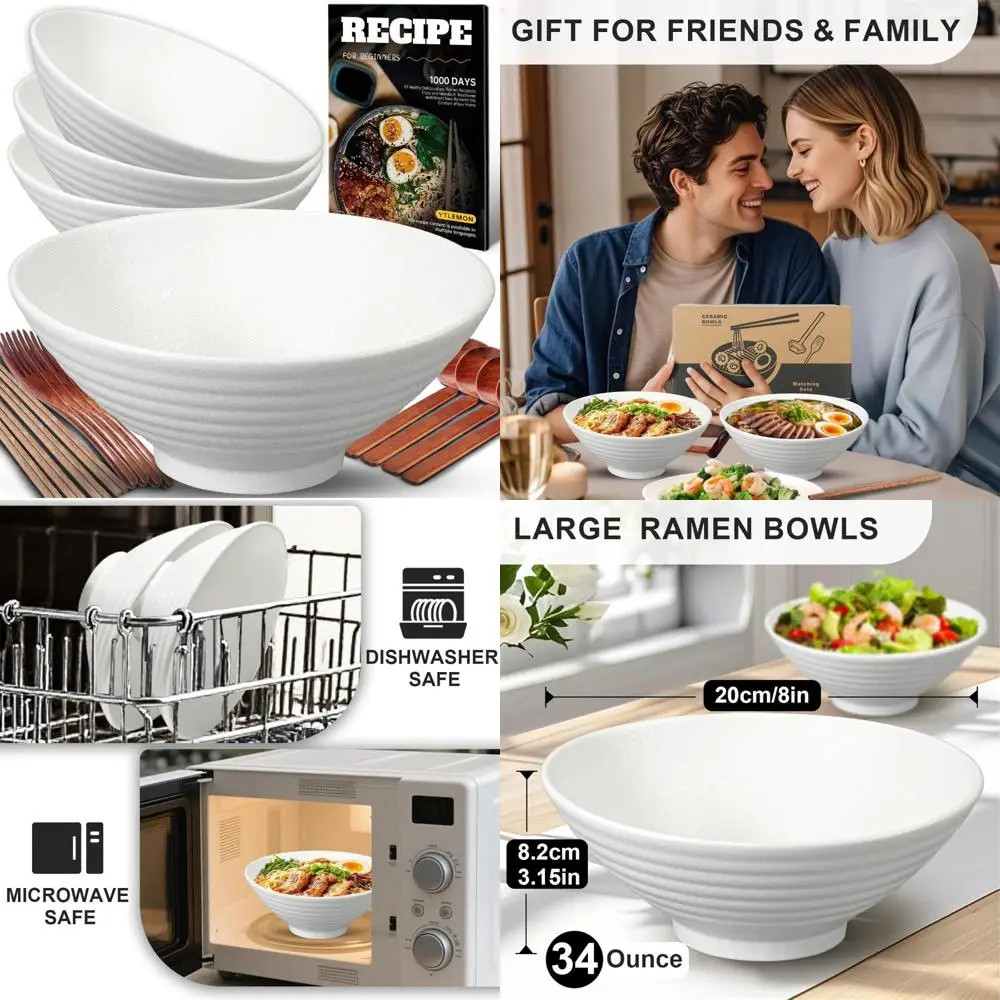 

Japanese Porcelain Ramen Bowl Set - 8-Inch Large Salad Noodle Cereal Pasta Soup Bowls with Recipe, Set of 4, 17 Pieces