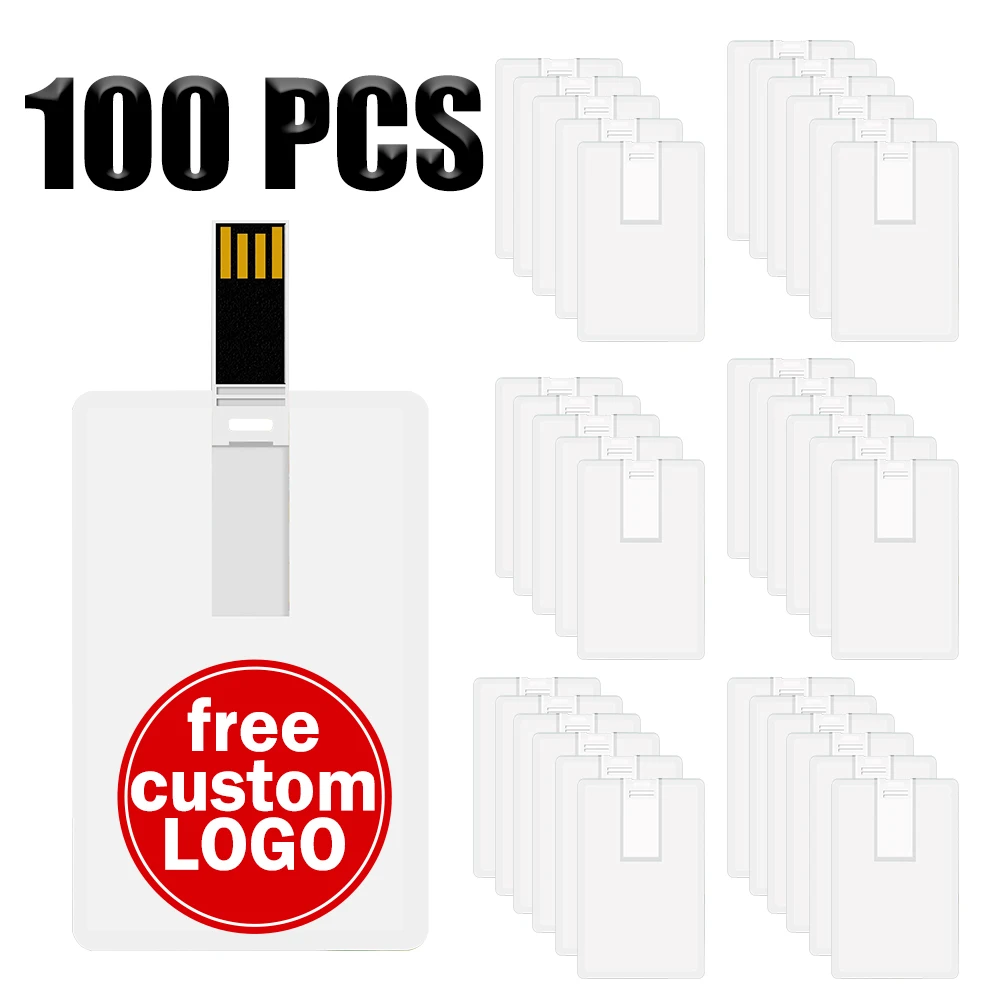 100Pcs/lot Credit Card Model USB Flash Drive 16GB 32GB 64GB Memory Card Pen Drive 8GB 4GB Free Custom Logo Color Printing 128mb