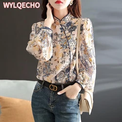 2023 Vintage Chinese Stand Collar Cheongsam Button Top Women's New Fashion Long Sleeve Flower Printed Elegant Retro Blouse