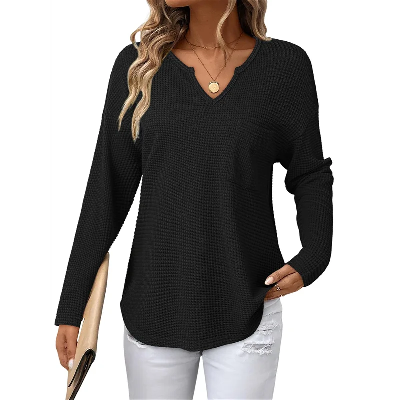 ASDS-dames tops wafelgebreid lange mouwen gekerfde V-hals shirts casual trendy effen kleur losse blouses