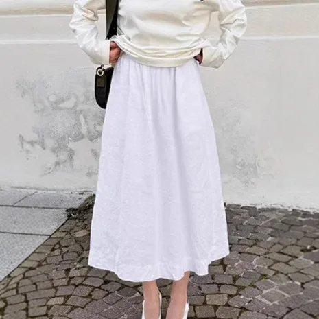 French Elegant White A-shaped Skirt Women's 2026 Spring Summer Cross-border Temperament Drape High Waist Cotton Linen Dress