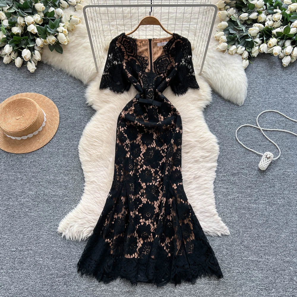 Chic vintage V-neck short sleeve dress Elegant Fairy korean fashion autumn Party women clothing