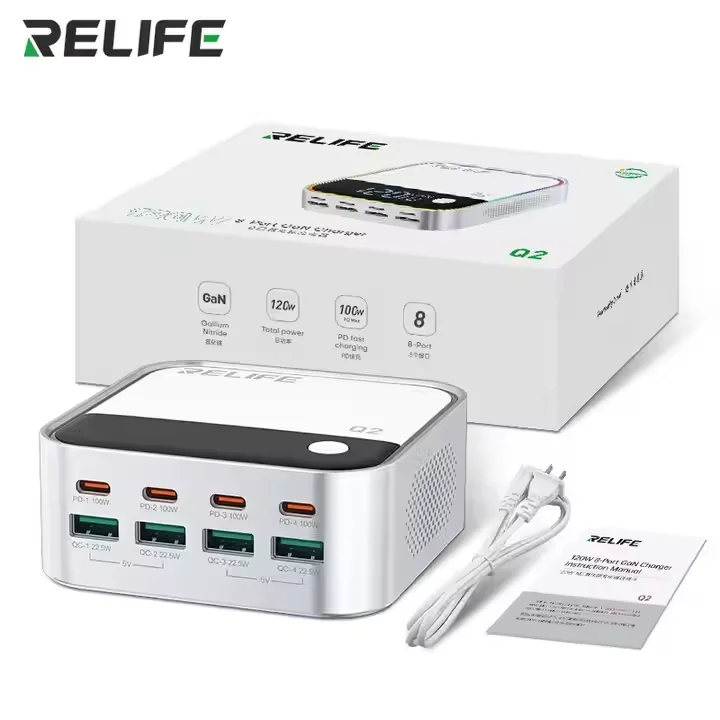 RELIFE Q2 120W High-power Charger, Supporting Simultaneous 8-port Fast Charging for IP/Android Phones and Electronic Devices