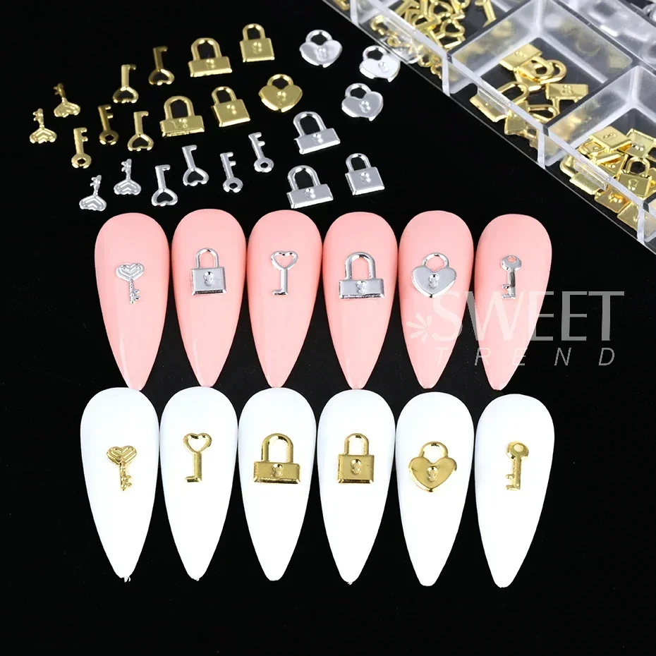 12 grades ouro prata metal bloqueio chave peças de decoração de unhas amor coração encantos jóias diy acessórios de manicure dos namorados flocos