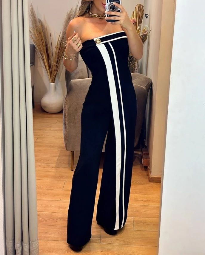 Jumpsuit Women 2025 Faux Two-Piece Contrast Paneled Bandeau Sleeveless Button Decor Jumpsuit Casual high Waist Wide leg jumpsuit